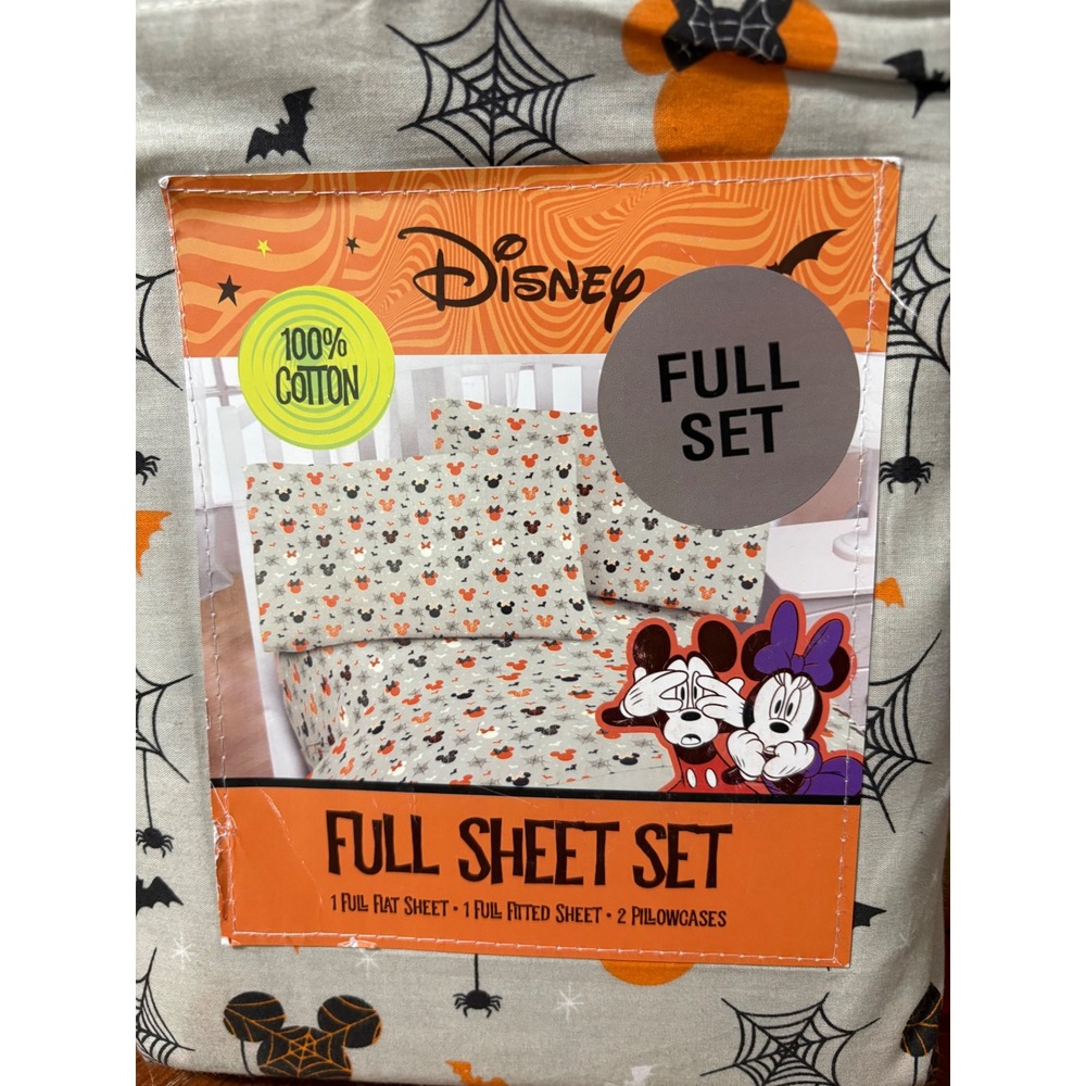 Disney Halloween Mickey Minnie Mouse Full Sheet Set 100% Cotton 4pc Grey Orange